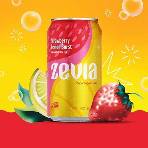 Zevia Zero Sugar Soda, Strawberry Lemon Burst, 12 oz Cans (24-Pack) – Naturally Sweetened, Zero Calorie Sugar Free Soda - Non-GMO Project Verified, Gluten-Free, Vegan
