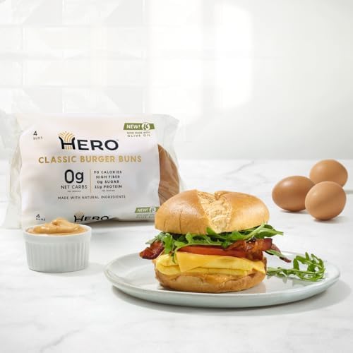 Hero Classic Hamburger Buns - Burger Buns | Net Low Carb Buns | High Fiber, 0g Net Carbs, 0g Sugar & 90 Calories Per Serving Burger Rolls (16 Buns, Pack of 2)