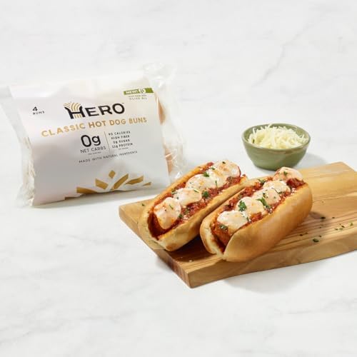 Hero Classic Hot Dog Bun - Delicious Rolls & Net Low Carb Hot Dog Buns | High Fiber, 0g Net Carbs, 0g Sugar & 90 Calories Per Serving | (32 Buns, Pack of 4)