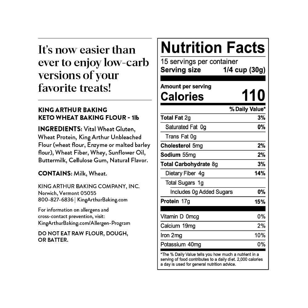 King Arthur Keto Wheat Flour Blend: Low-Carb Baking Solution for Bread & More - Non-GMO, 1:1 All-Purpose Flour Substitute - 16 oz Resealable Bag - Perfect for Keto Diet & Reduced Carb Intake