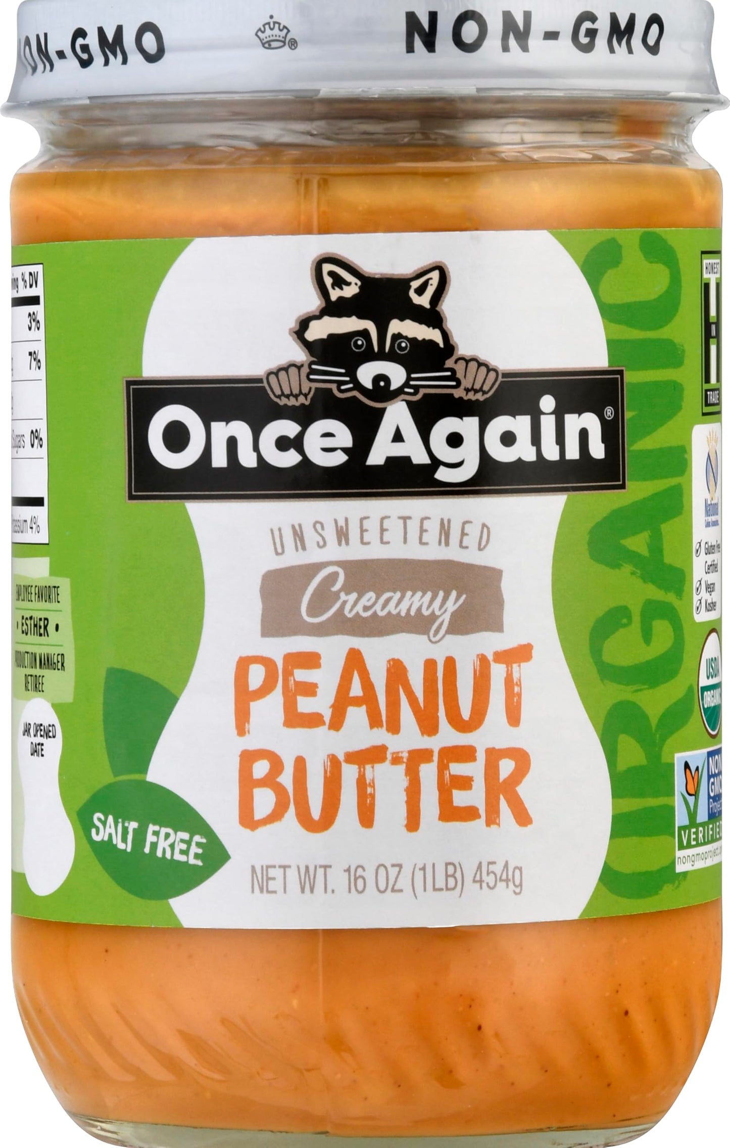 Once Again Organic Creamy Peanut Butter, 16oz - Salt Free, Unsweetened - USDA Organic, Gluten Free Certified, Vegan, Kosher - Glass Jar