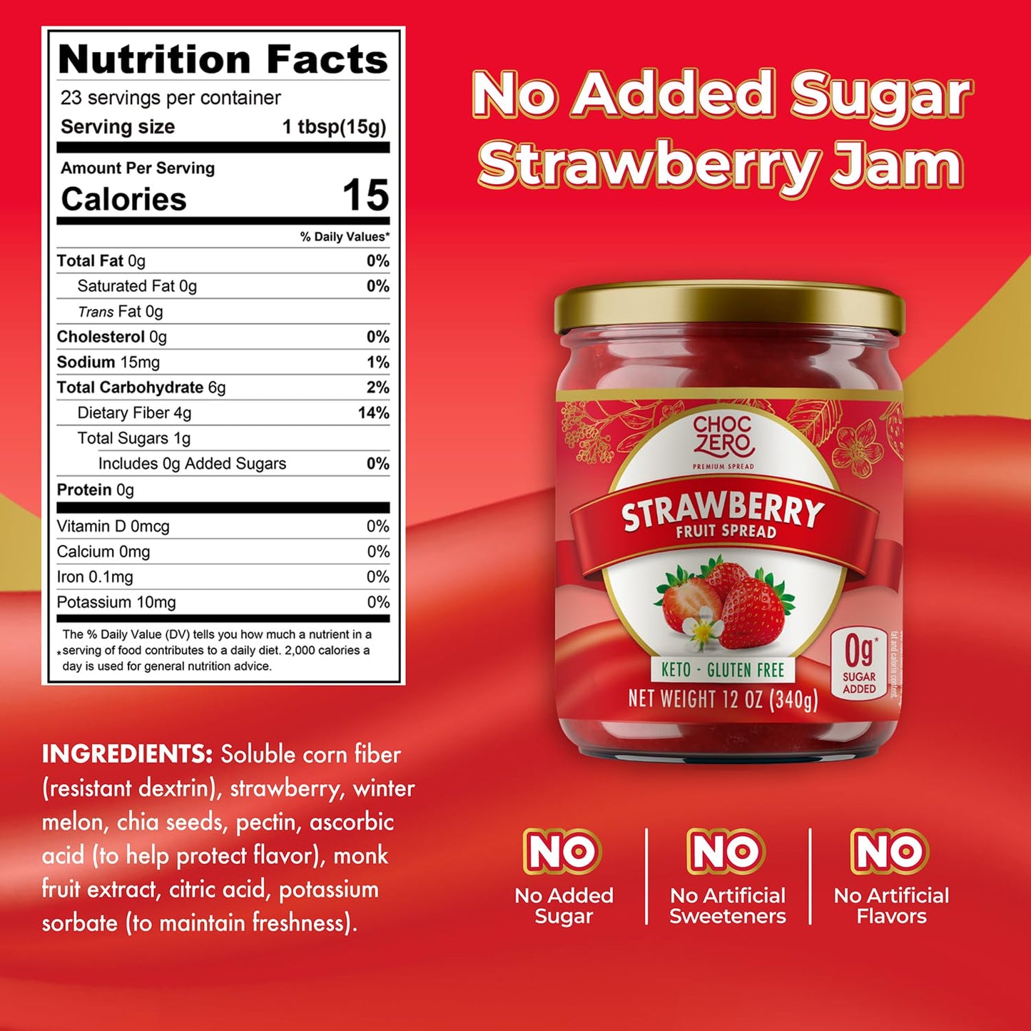 ChocZero Keto Strawberry Fruit Spread, No Sugar Added, Keto Friendly, All Natural, Gluten Free, Sweetened with Monk Fruit (1 jar, 12 oz)