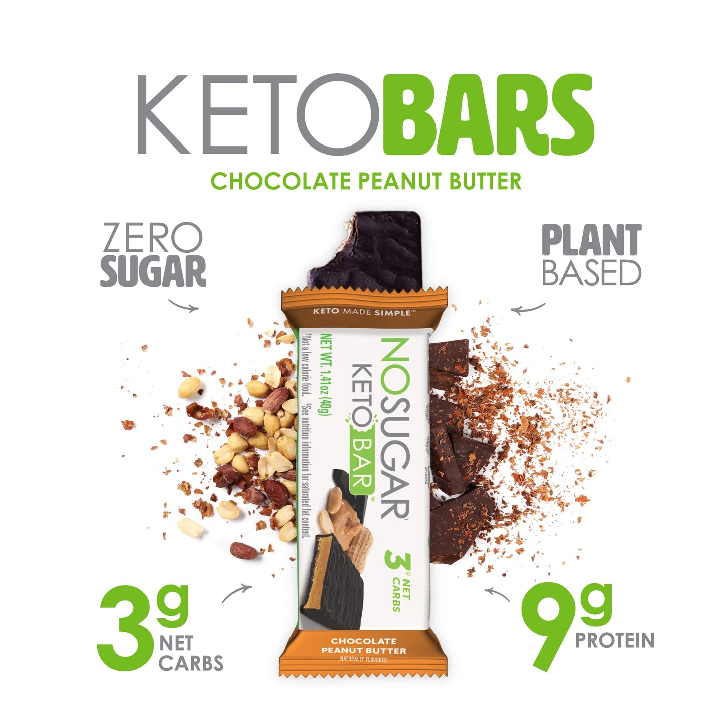 No Sugar Keto Bar Snack - Low Carb No Sugar Keto Snack Food with Keto Friendly Macros (12 x 1.41oz Bars, Peanut Butter)