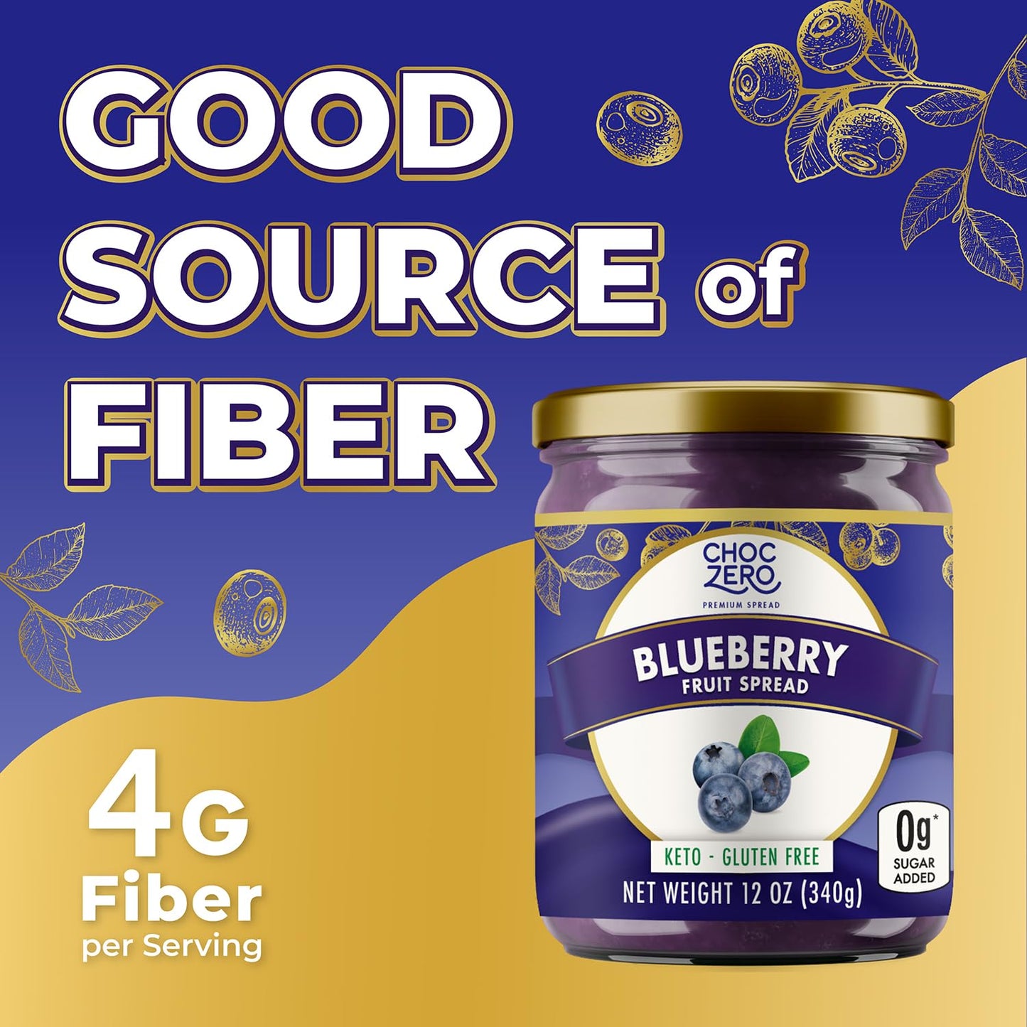 ChocZero Keto Blueberry Fruit Spread, No Added Sugar, Low Carb, All Natural Fruit Jam, Sweetened with Monk Fruit (1 jar, 12 oz)