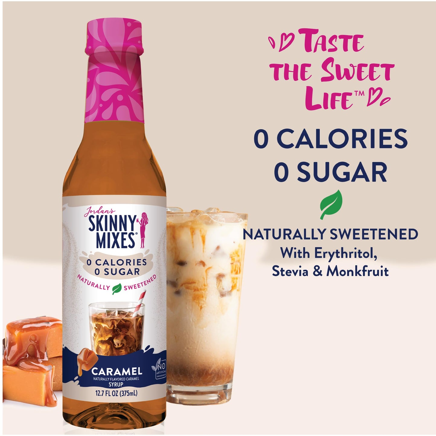 Jordan's Skinny Syrups Sugar Free Syrup, Caramel Syrup, 12.6 oz, Zero Sugar and Zero Calorie Flavoring for Coffee, Protein Shake, Cocktail or Mocktail Drinks and More, Naturally Sweetened Line