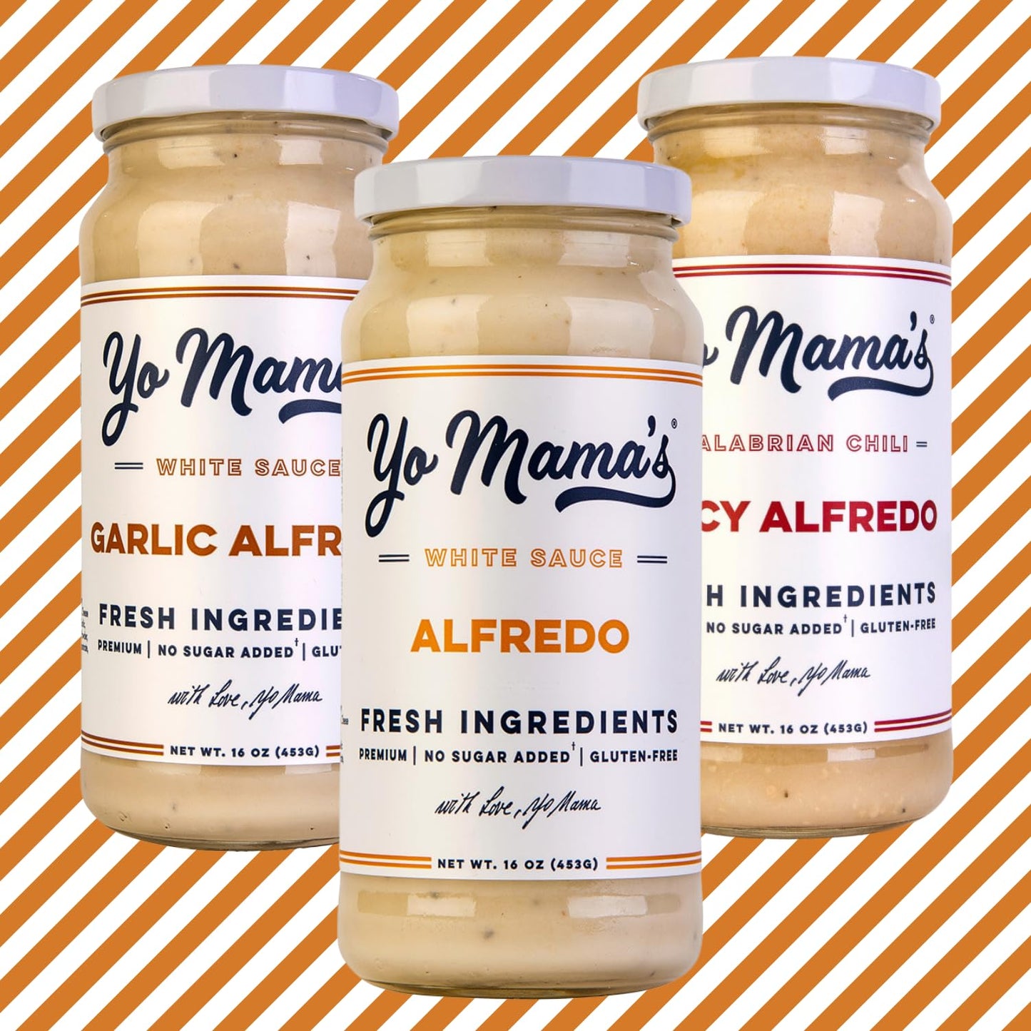 Yo Mama’s Foods Gourmet Keto Alfredo Pasta Sauces Variety Pack | (3) 16 Ounce Glass Bottles | Classic (1), Garlic (1) and Spicy (1) Alfredo Sauce is Low Carb, Paleo, Gluten Free, Low Calorie and is Made with only the Freshest Ingredients!