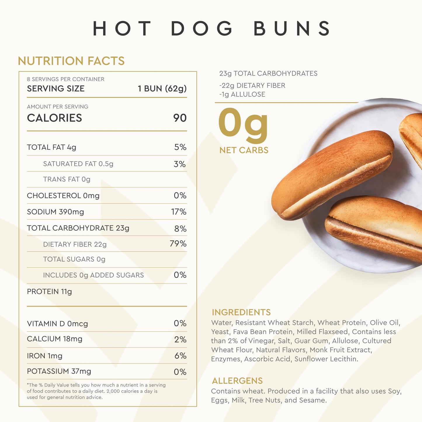 Hero Classic Hot Dog Bun - Delicious Rolls & Net Low Carb Hot Dog Buns | High Fiber, 0g Net Carbs, 0g Sugar & 90 Calories Per Serving | (32 Buns, Pack of 4)