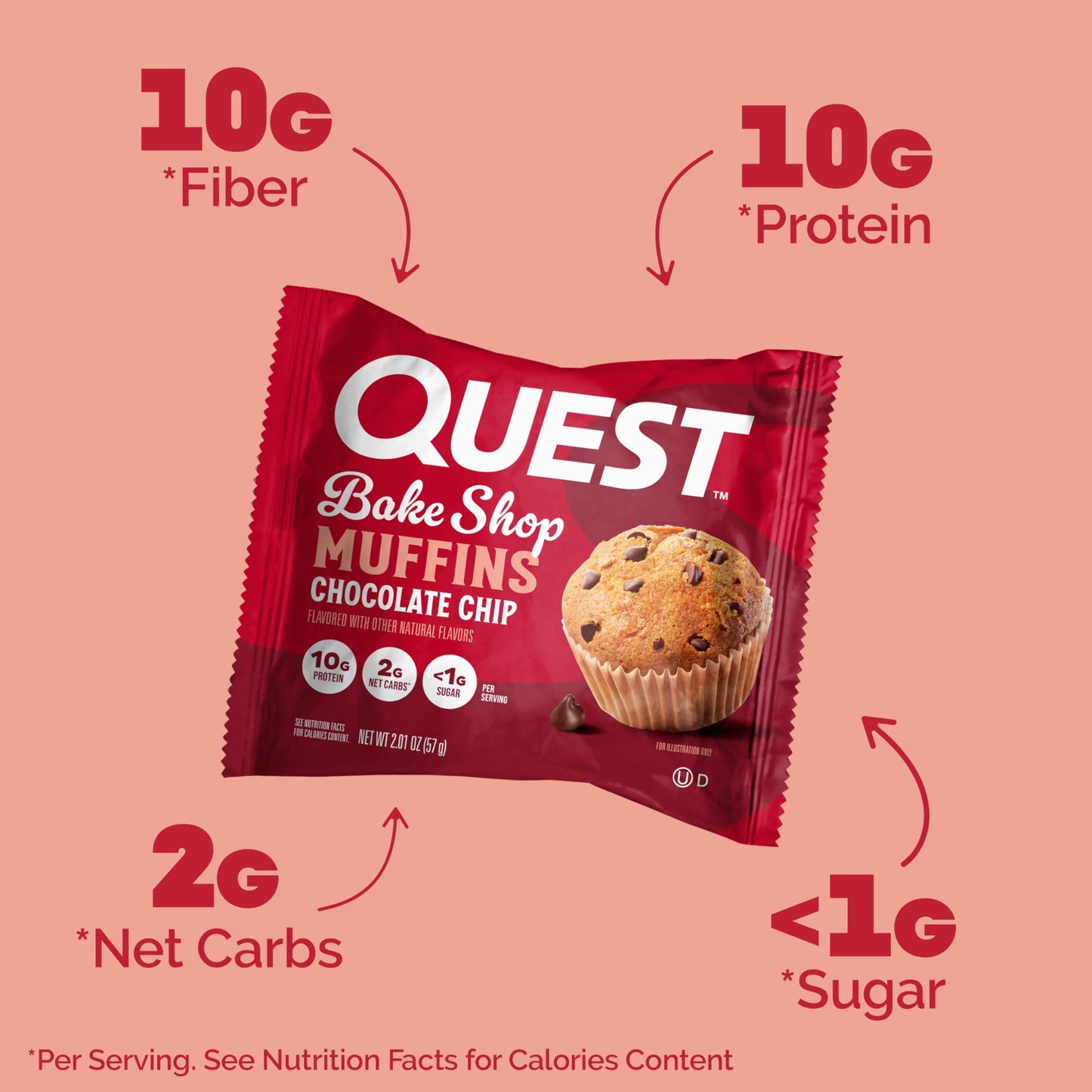 Quest Bake Shop, Chocolate Chip Muffins, 10g Protein, 2g Net Carbs, Less than 1g Sugar, 8 Count