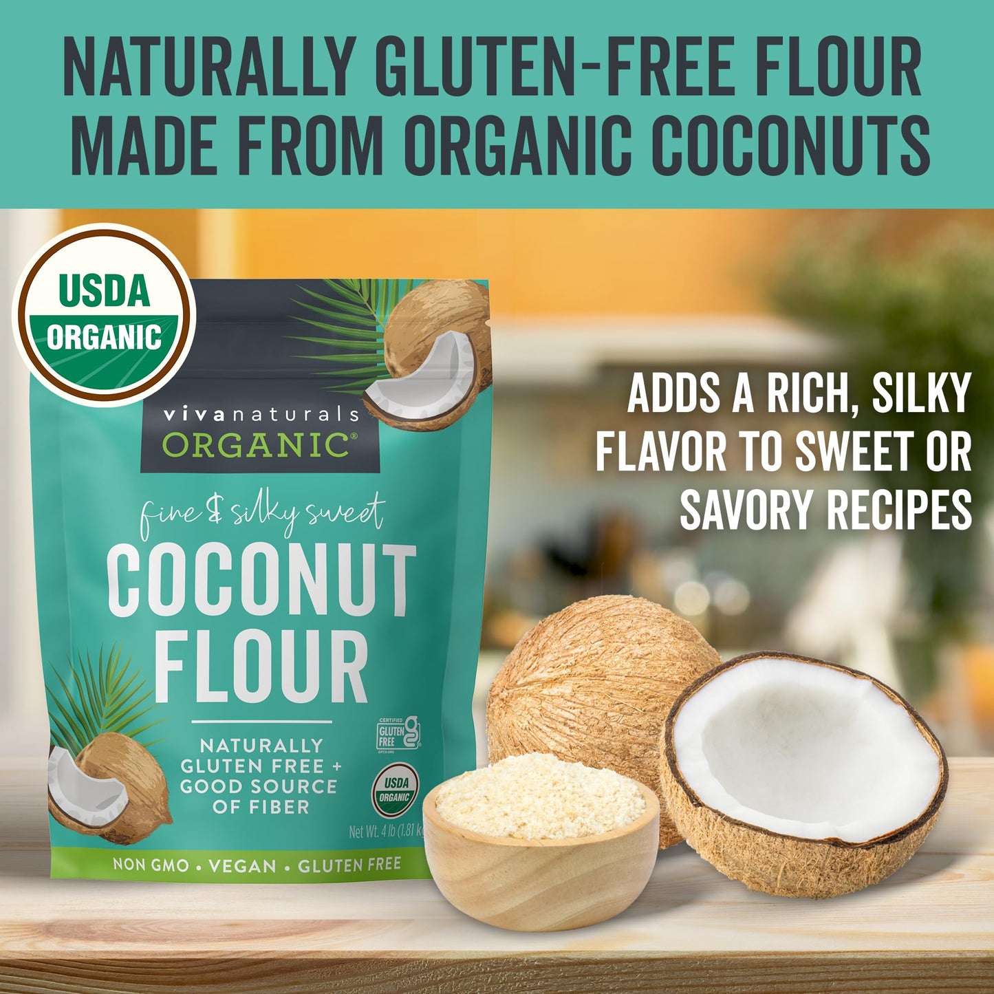Viva Naturals Organic Coconut Flour (4 lbs) - Gluten Free Flour Substitute for Keto, Paleo and Vegan Baking, Low Fat and Good Source of Fiber Coconut Baking Flour, Non-GMO, Unbleached and Unrefined, 1.81 kg