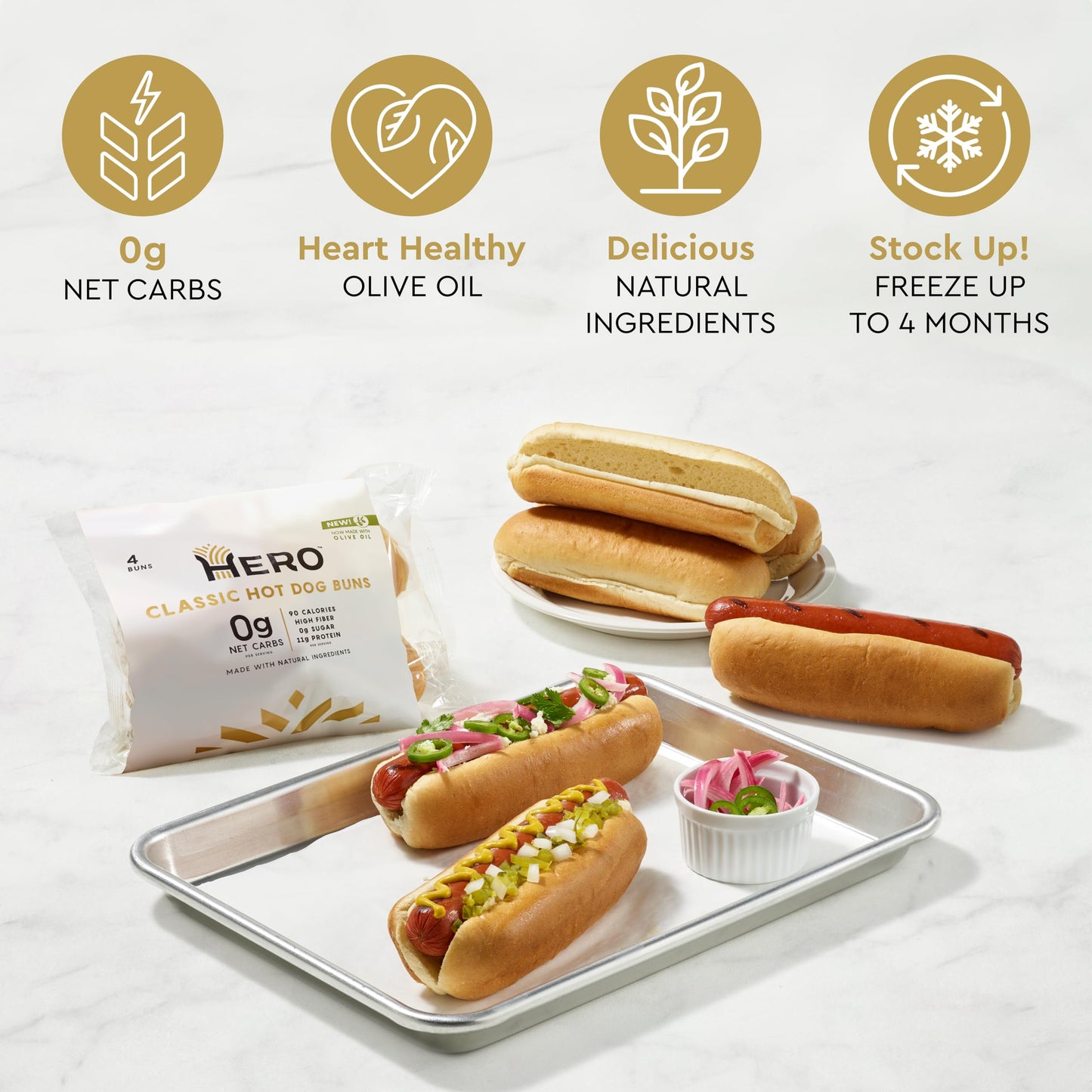 Hero Classic Hot Dog Bun - Delicious Rolls & Net Low Carb Hot Dog Buns | High Fiber, 0g Net Carbs, 0g Sugar & 90 Calories Per Serving | (32 Buns, Pack of 4)
