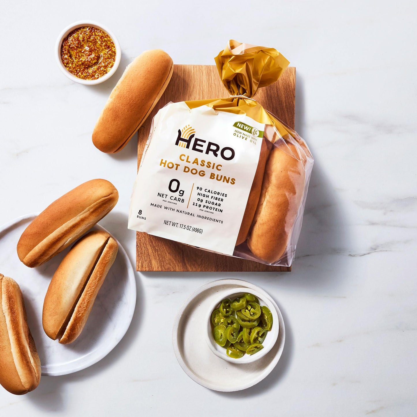 Hero Classic Hot Dog Bun - Delicious Rolls & Net Low Carb Hot Dog Buns | High Fiber, 0g Net Carbs, 0g Sugar & 90 Calories Per Serving | (32 Buns, Pack of 4)