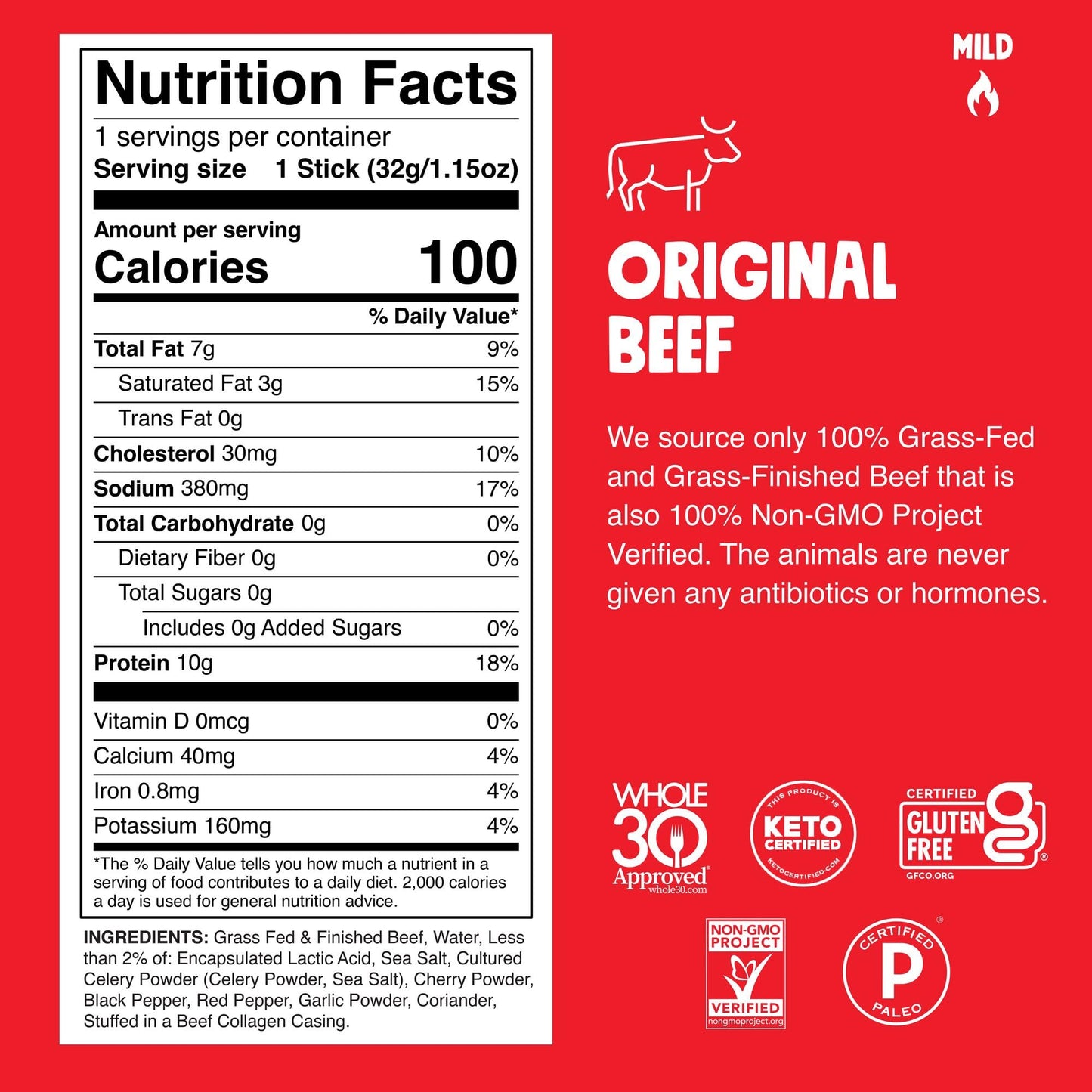 Chomps Grass-Fed and Finished Original Beef Jerky Snack Sticks 10-Pack - Keto, Paleo, Whole30, 10g Lean Meat Protein, Gluten-Free, Zero Sugar Food, Non-GMO