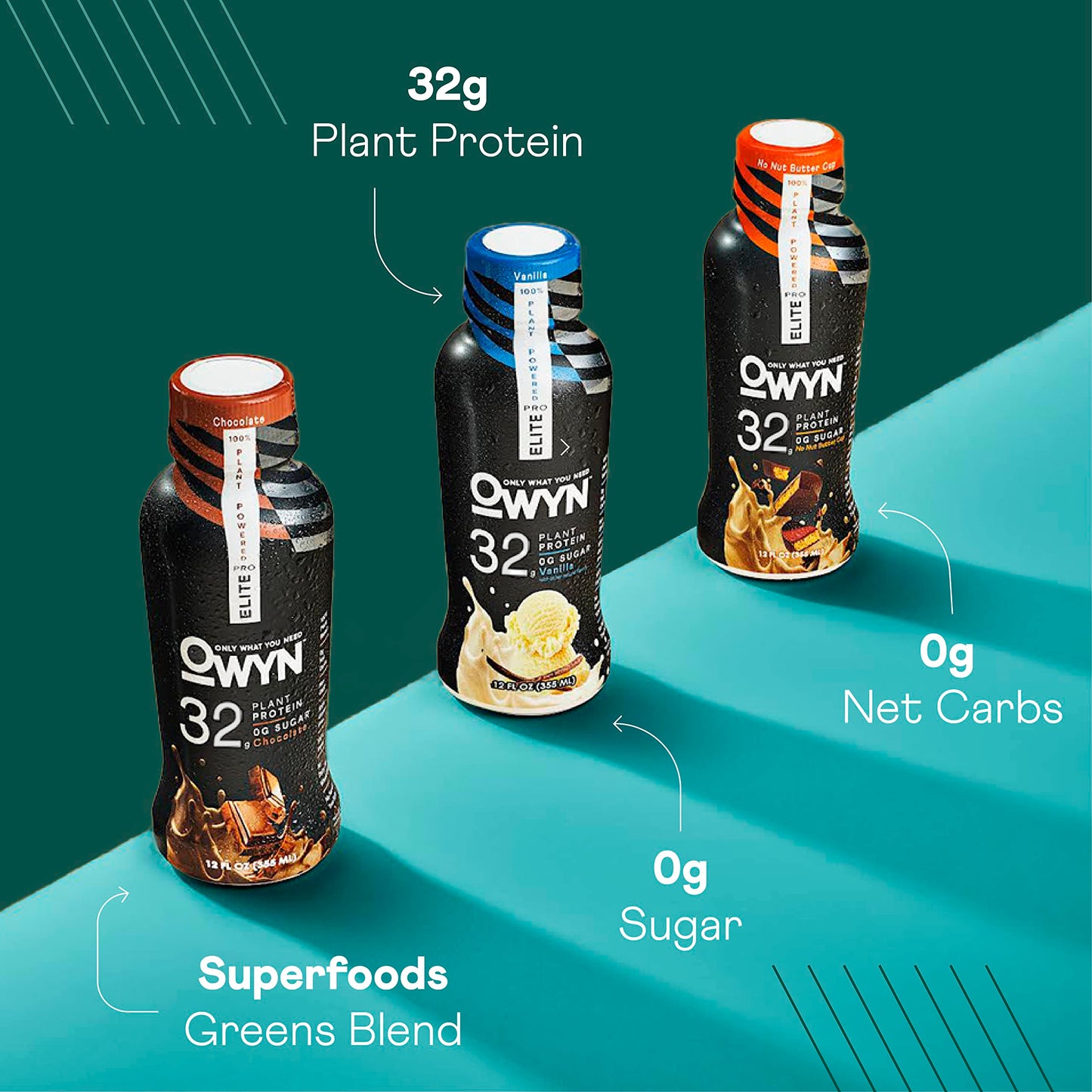 OWYN Only What You Need Pro Elite Vegan High Protein Keto Shake, 32g Protein, 9 Amino Acids, Omega-3, Prebiotics, Workout and Recovery, 0g Net Carbs, Zero Sugar (Variety, 12 Fl Oz (Pack of 12))