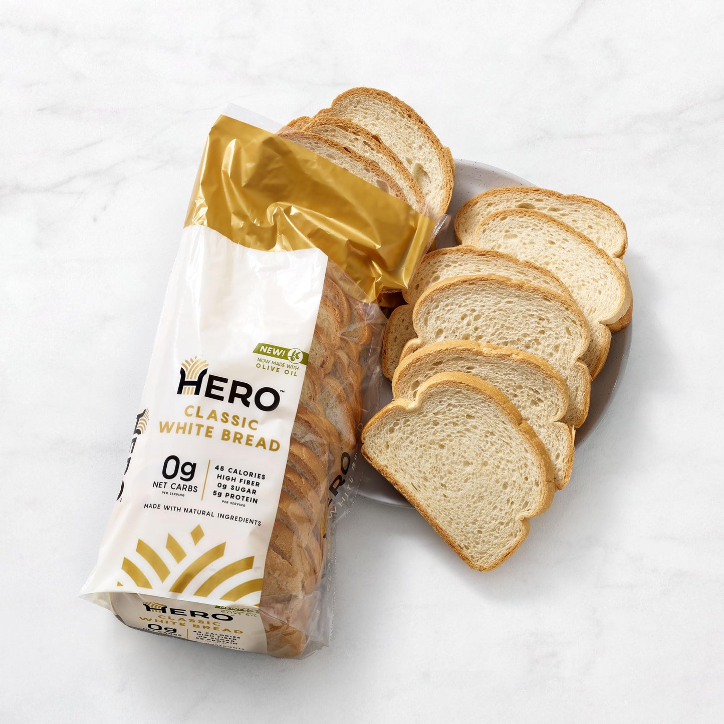 Hero Bread™ Classic White Bread — 0g Net Carb, 0g Sugar, 45 Calories, 10g Fiber per Slice | Low Net Carb Bread Loaf —15 Slices/Loaf, 2 Loaves