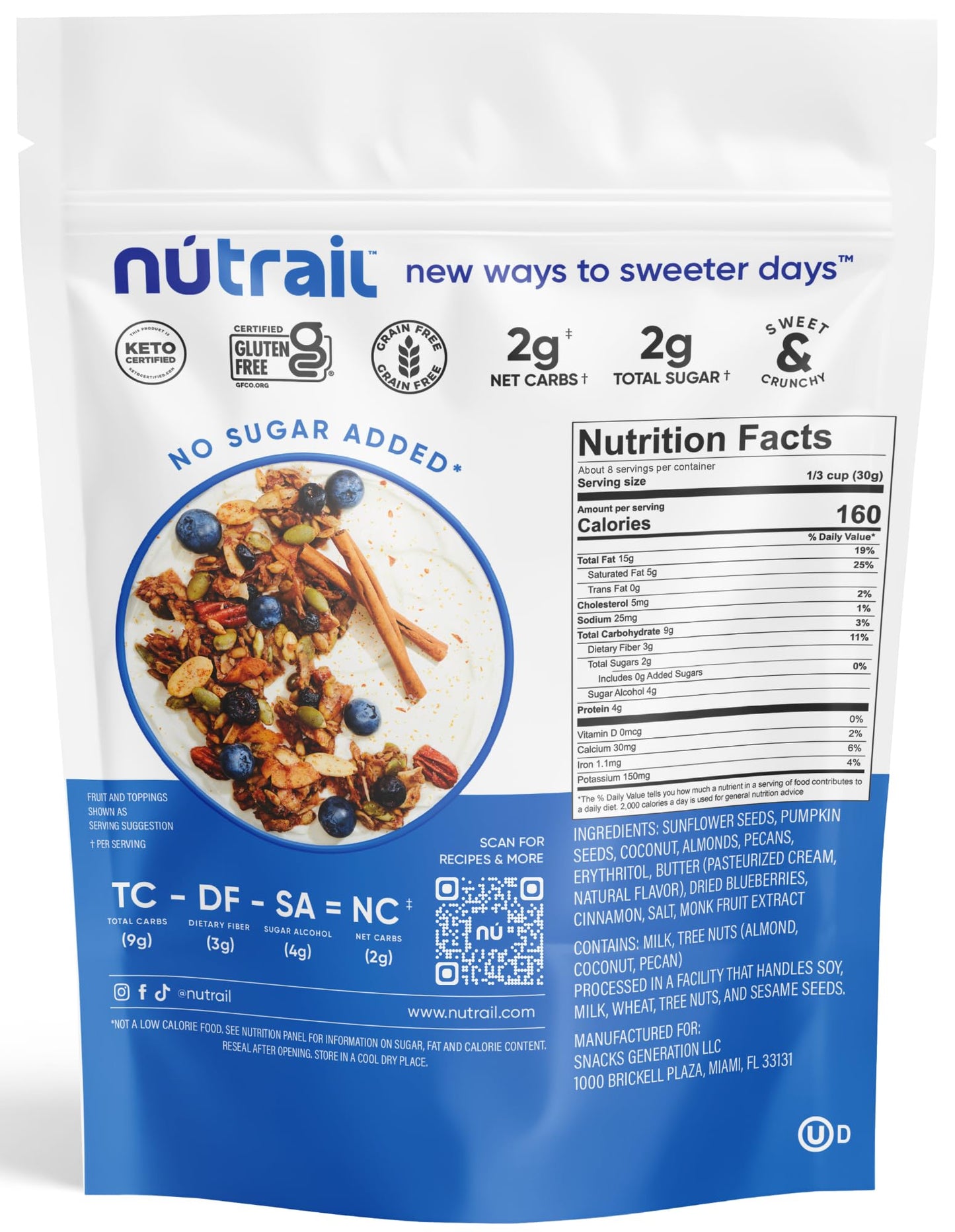 NuTrail Nut Granola Cereal, Blueberry Cinnamon, No Sugar Added, Keto, Low Carb, Gluten Free, Grain Free, Healthy Breakfast 8 oz. 1 Count