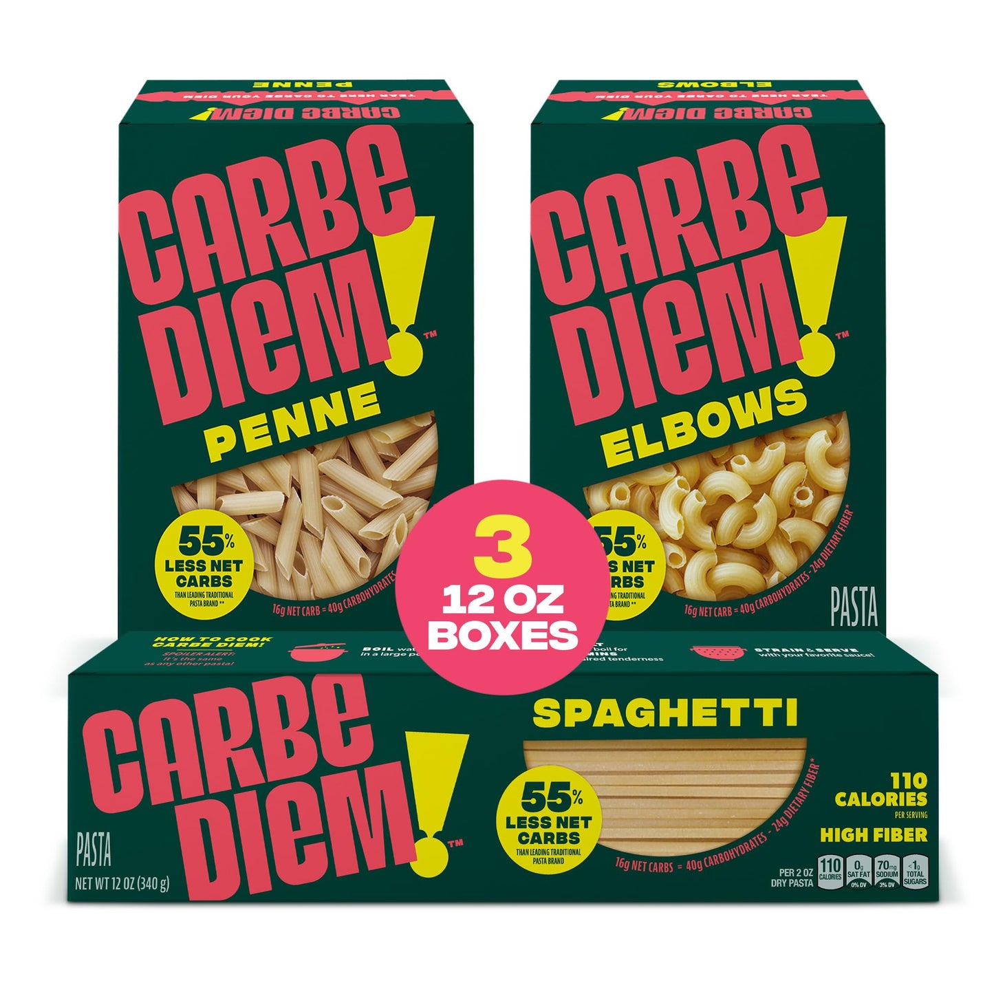 Carbe Diem!, Chef’s Kiss Sample Pack, Spaghetti, Penne & Elbow, 55% Fewer Net Carbs with Traditional Flavor & Texture, Chef's Kiss Sample Pack (Spaghetti, Penne, Elbows)