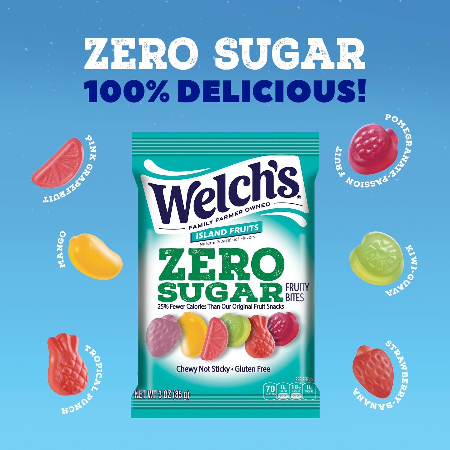Welch’s Zero Sugar Fruity Bites, Great zero sugar snacks for the office, Island Fruit, 3 oz (Pack of 1)