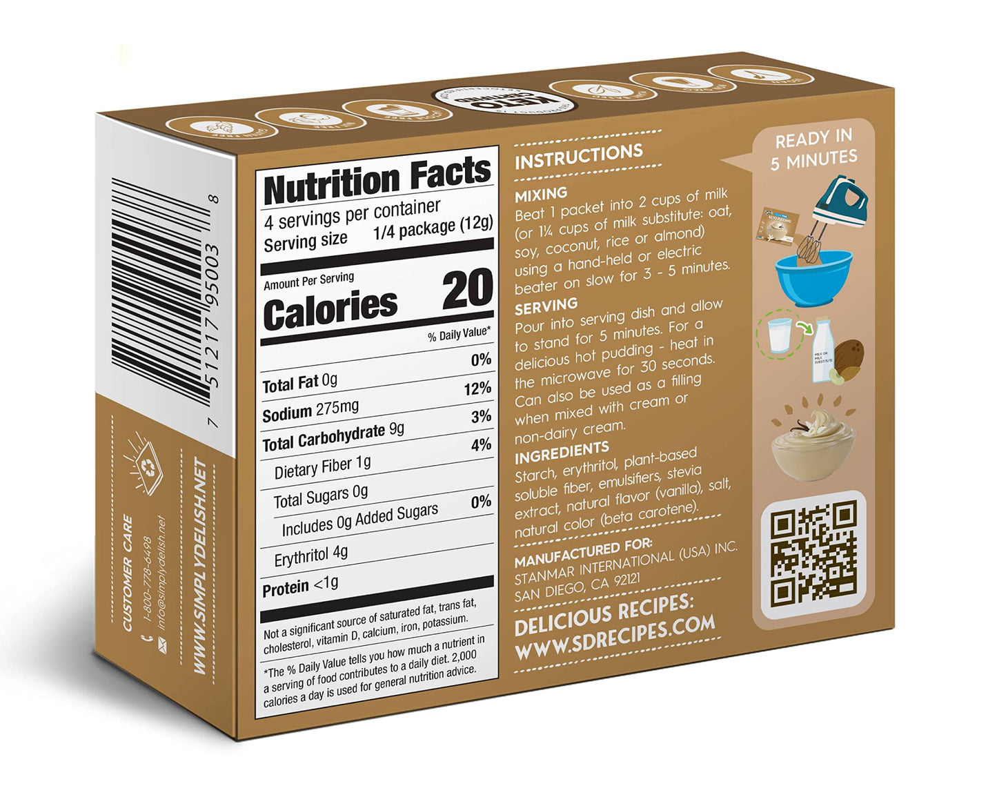 Simply Delish Natural Instant Vanilla Pudding - Sugar Free, Non GMO, Gluten Free, Fat Free, Vegan, Keto Friendly - 1.7 OZ (Pack of 1)