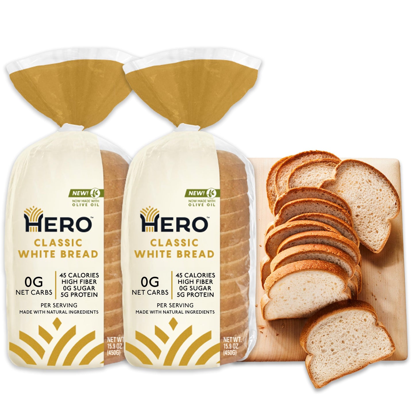 Hero Bread™ Classic White Bread — 0g Net Carb, 0g Sugar, 45 Calories, 10g Fiber per Slice | Low Net Carb Bread Loaf —15 Slices/Loaf, 2 Loaves