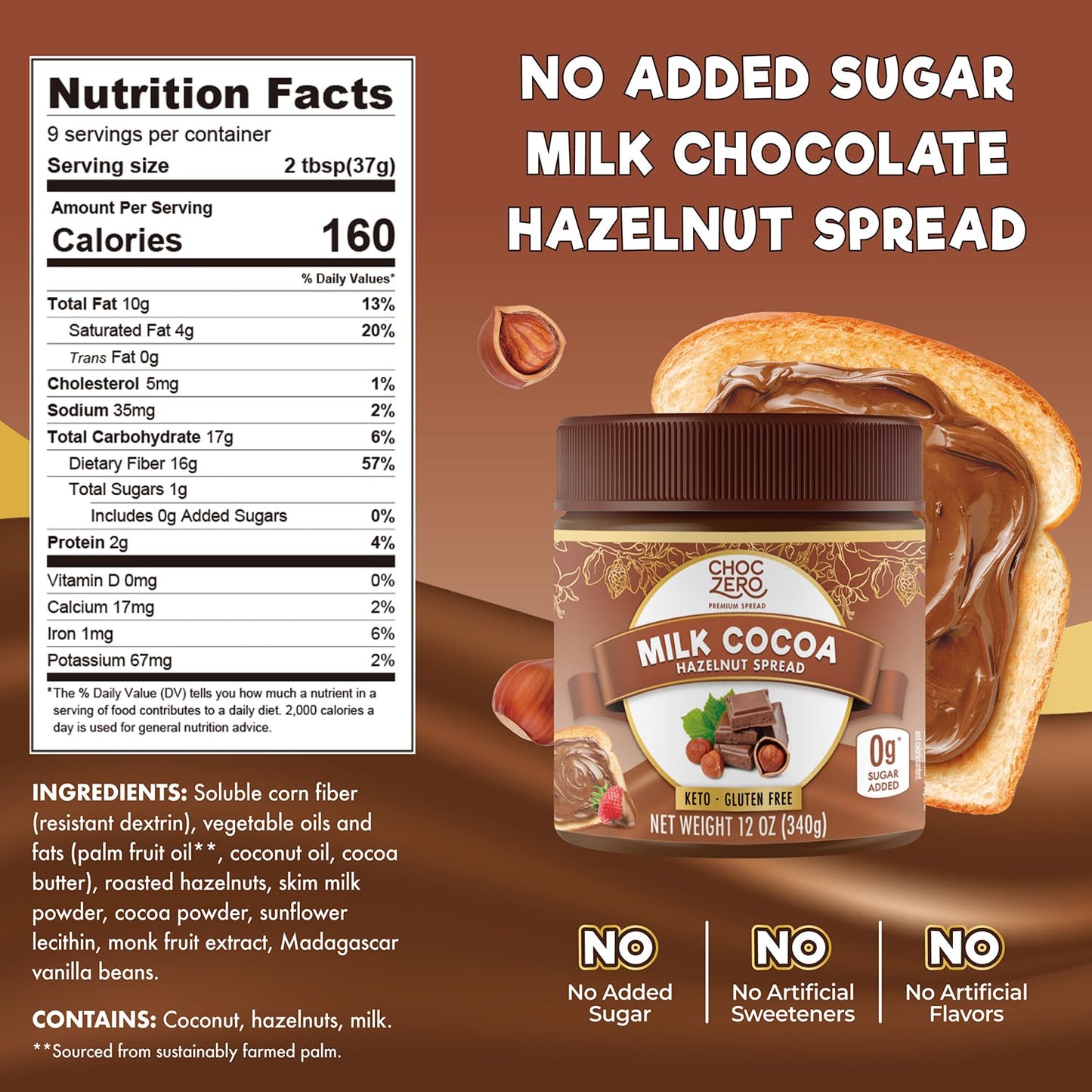 ChocZero Milk Chocolate Hazelnut Spread - Keto Friendly, No Sugar Added, Best Low Carb Dessert, Perfect Topping for Almond Flour Pancakes, Naturally Sweetened with Monk Fruit (1 jar, 12 oz)