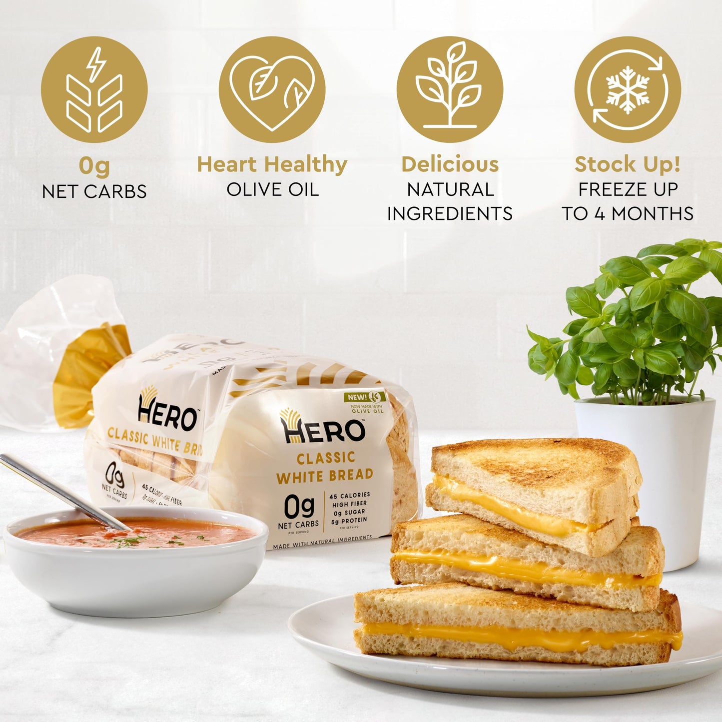 Hero Bread™ Classic White Bread — 0g Net Carb, 0g Sugar, 45 Calories, 10g Fiber per Slice | Low Net Carb Bread Loaf —15 Slices/Loaf, 2 Loaves