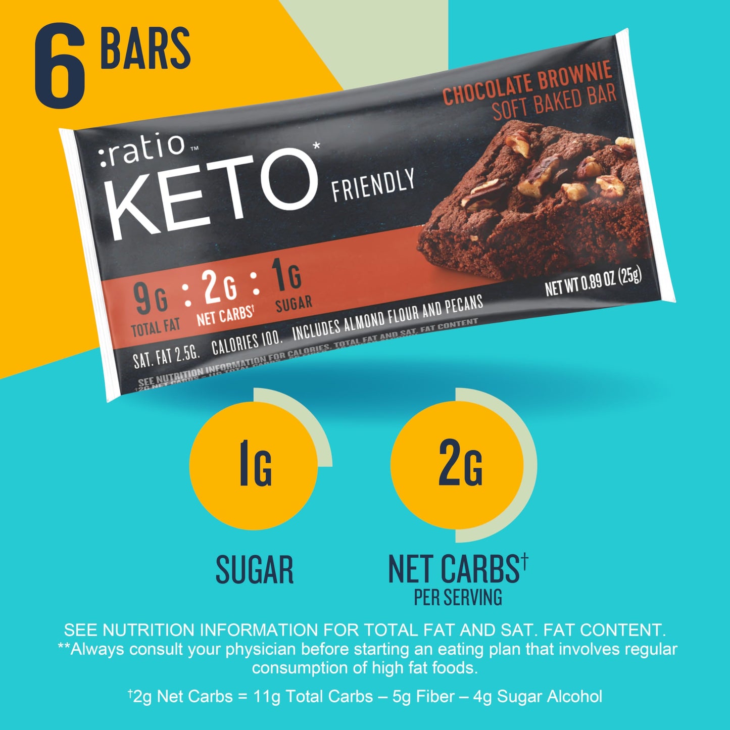 Ratio Soft Baked Bars, Chocolate Brownie, 1g Sugar, Keto Friendly, 5.34 oz (6 Bars)