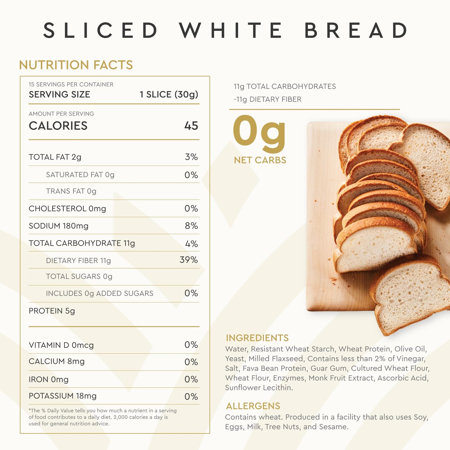 Hero Bread™ Classic White Bread — 0g Net Carb, 0g Sugar, 45 Calories, 10g Fiber per Slice | Low Net Carb Bread Loaf —15 Slices/Loaf, 2 Loaves