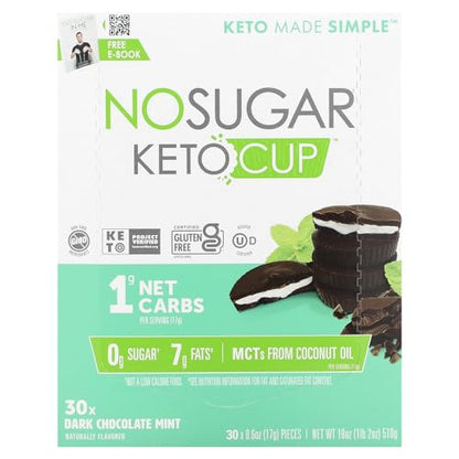 No Sugar Keto Cups, Dark Chocolate Mint, 30 Cups, Diabetic safe treat, Low Net Carb (1g), Sugar Free (0g) Keto Fat Bomb Snacks with 7g Healthy Fat - Gluten Free, All Natural, Non-GMO