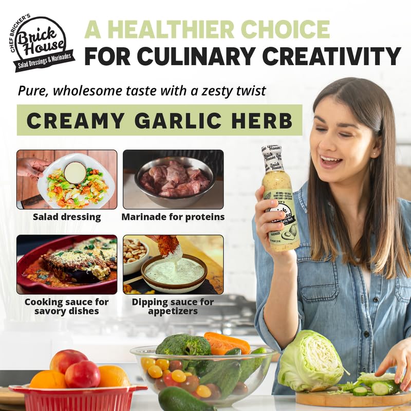 Creamy Garlic Herb Vinaigrette Dressing, Keto-Friendly Creamy Garlic Salad Dressing, Non-GMO & Low Sodium Salad Dressing by Brick House, Pack of 2