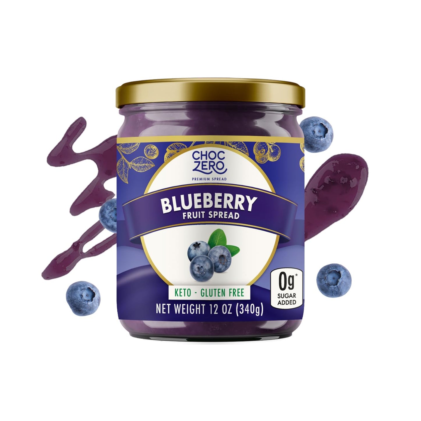 ChocZero Keto Blueberry Fruit Spread, No Added Sugar, Low Carb, All Natural Fruit Jam, Sweetened with Monk Fruit (1 jar, 12 oz)