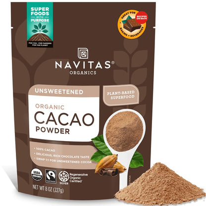 Navitas Organics Cacao Powder, 8oz. Bag, 38 Servings — Regenerative Organic Certified, Non-GMO, Fair Trade, Gluten-Free