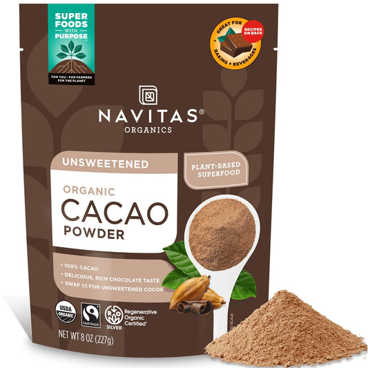 Navitas Organics Cacao Powder, 8oz. Bag, 38 Servings — Regenerative Organic Certified, Non-GMO, Fair Trade, Gluten-Free
