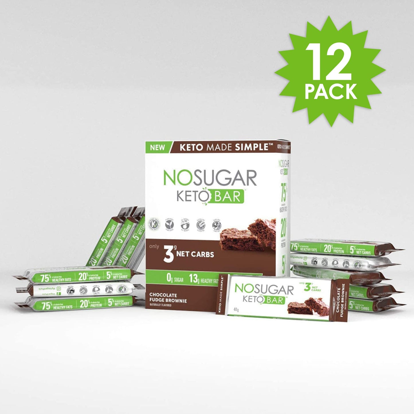 No Sugar Keto Bar Snack, Fudge Brownie, 12 x 1.41oz Bars - Low Carb No Sugar Keto Snack Food with Keto Friendly Macros, 3g Net Carb, 9g Plant Based Protein, 13g Healthy Fat, Sugar Free (0g)