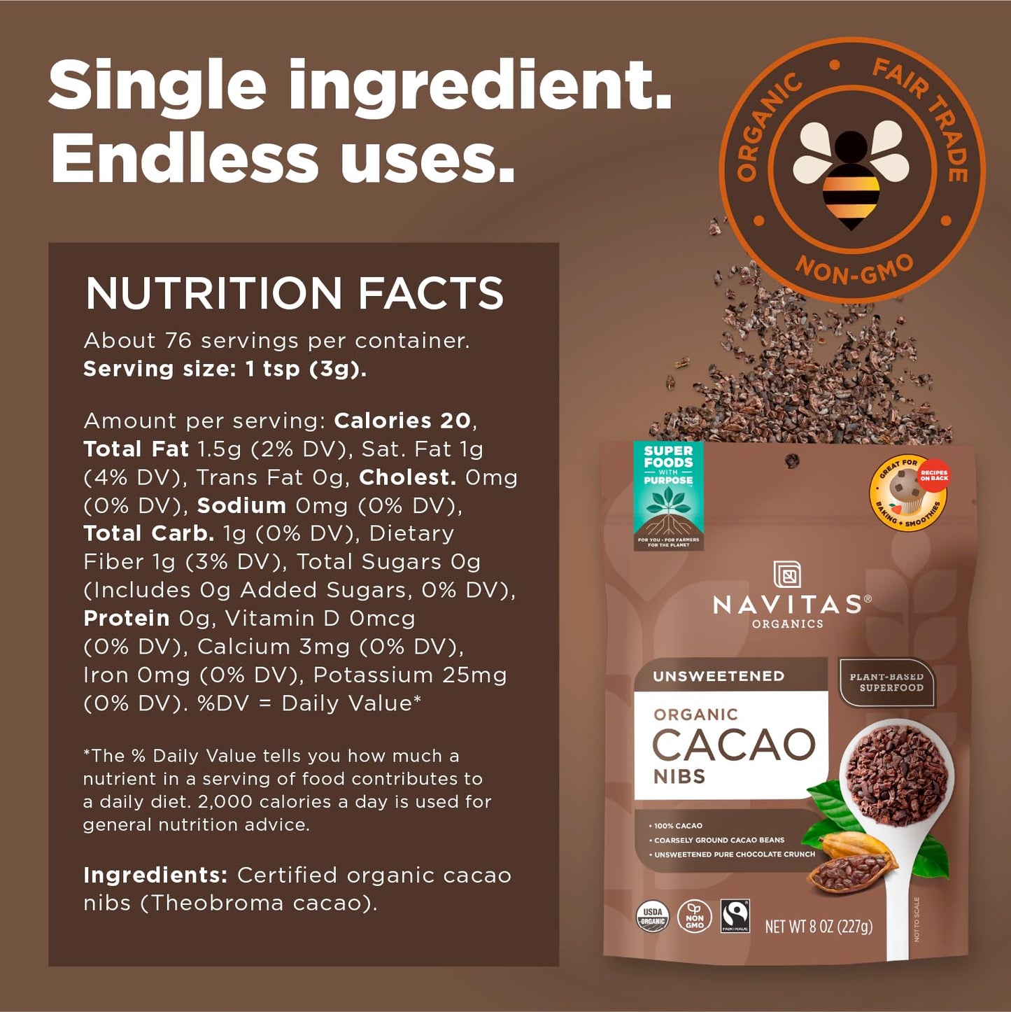 Navitas Organics Cacao Nibs, 8 oz. Bag, 76 Servings — Organic, Non-GMO, Fair Trade, Gluten-Free