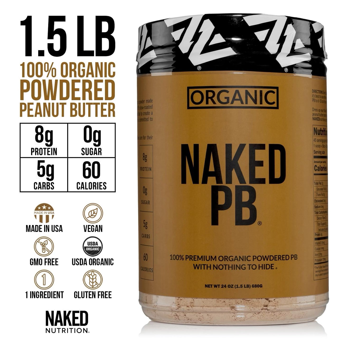 Organic Powdered Peanut Butter from US Farms – Bulk, Only 1 Ingredient - Roasted Peanuts, Vegan, No Additives, Preservative Free, No Salt, No Sugar - 45 Servings - NAKED PB