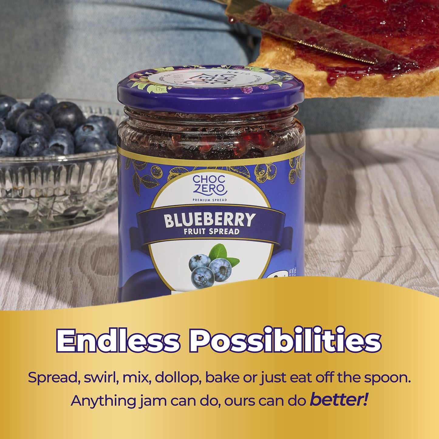 ChocZero Keto Blueberry Fruit Spread, No Added Sugar, Low Carb, All Natural Fruit Jam, Sweetened with Monk Fruit (1 jar, 12 oz)