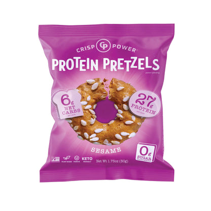 Crisp Power High Protein Pretzel Crisps - 6 Pack x 1.75 oz Crunchy & Flavorful Plant-Based Snack. No Sugar, 28g Protein Per Pack in 3 Savory Flavors, Vegan, Keto Friendly, Non-GMO, Kosher Non-Dairy (1.75 Ounce (Pack of 6), Sesame)