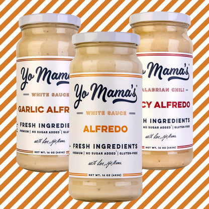 Yo Mama’s Foods Gourmet Keto Alfredo Pasta Sauces Variety Pack | (3) 16 Ounce Glass Bottles | Classic (1), Garlic (1) and Spicy (1) Alfredo Sauce is Low Carb, Paleo, Gluten Free, Low Calorie and is Made with only the Freshest Ingredients!