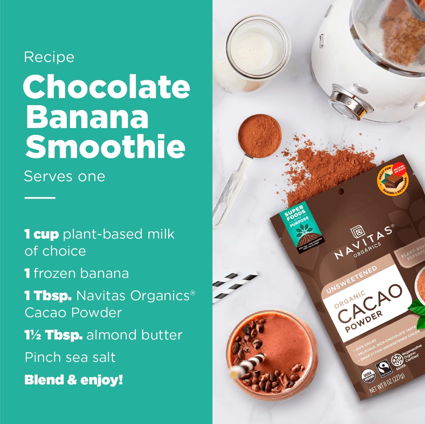 Navitas Organics Cacao Powder, 8oz. Bag, 38 Servings — Regenerative Organic Certified, Non-GMO, Fair Trade, Gluten-Free