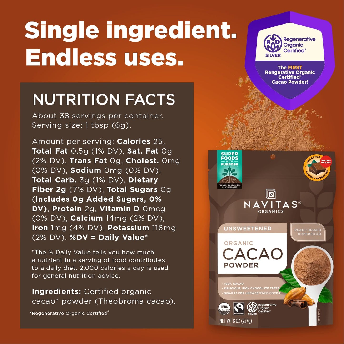 Navitas Organics Cacao Powder, 8oz. Bag, 38 Servings — Regenerative Organic Certified, Non-GMO, Fair Trade, Gluten-Free