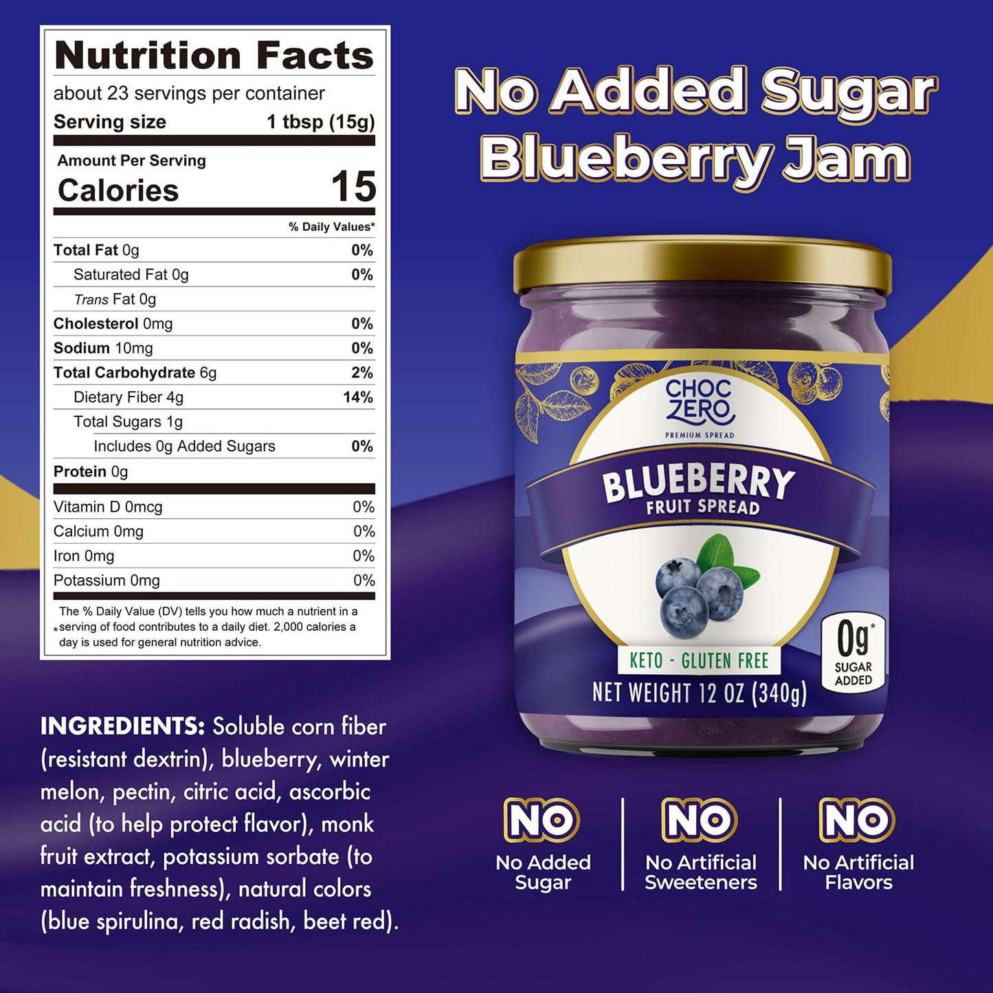 ChocZero Keto Blueberry Fruit Spread, No Added Sugar, Low Carb, All Natural Fruit Jam, Sweetened with Monk Fruit (1 jar, 12 oz)