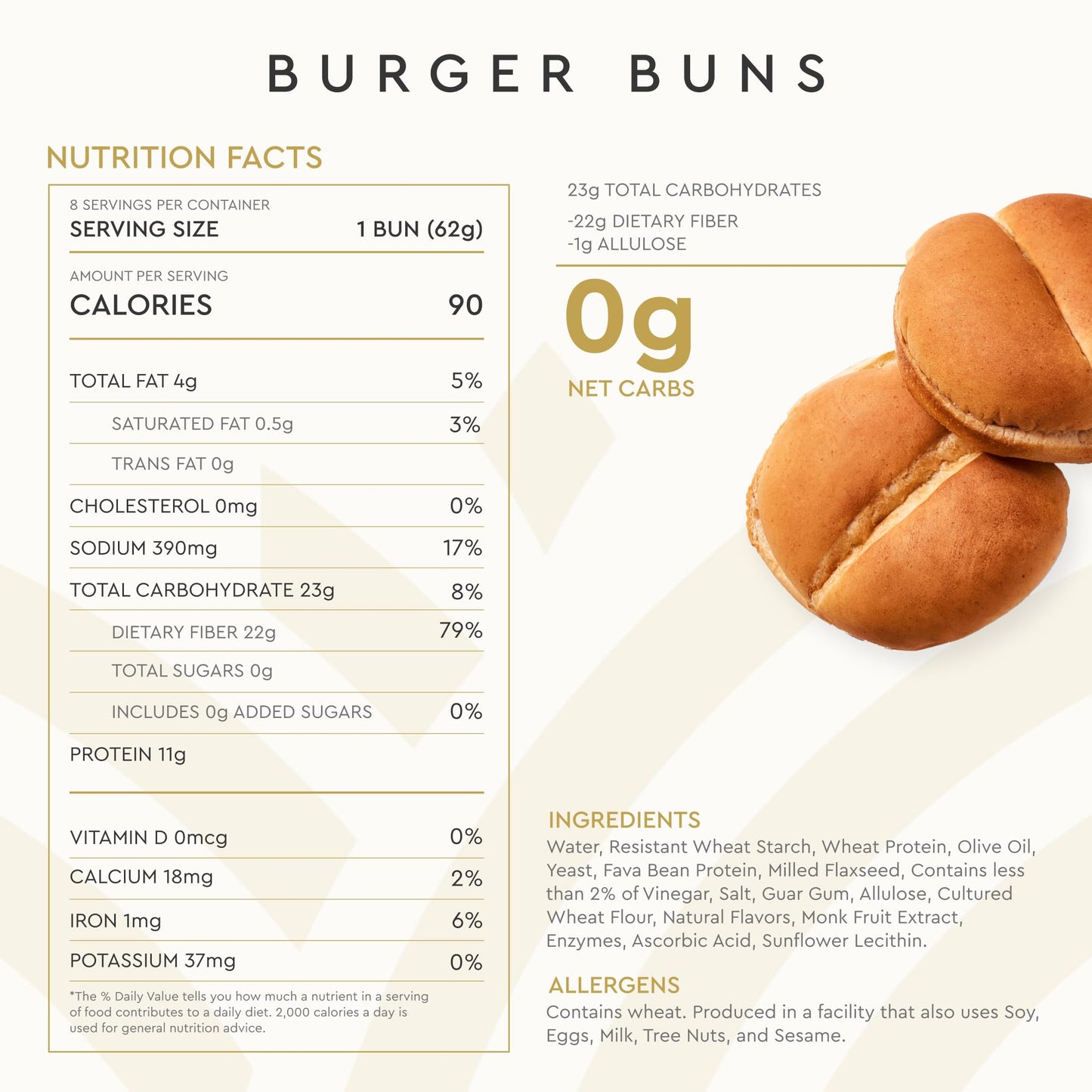 Hero Classic Hamburger Buns - Burger Buns | Net Low Carb Buns | High Fiber, 0g Net Carbs, 0g Sugar & 90 Calories Per Serving Burger Rolls (16 Buns, Pack of 2)