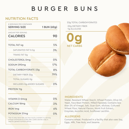 Hero Classic Hamburger Buns - Burger Buns | Net Low Carb Buns | High Fiber, 0g Net Carbs, 0g Sugar & 90 Calories Per Serving Burger Rolls (16 Buns, Pack of 2)