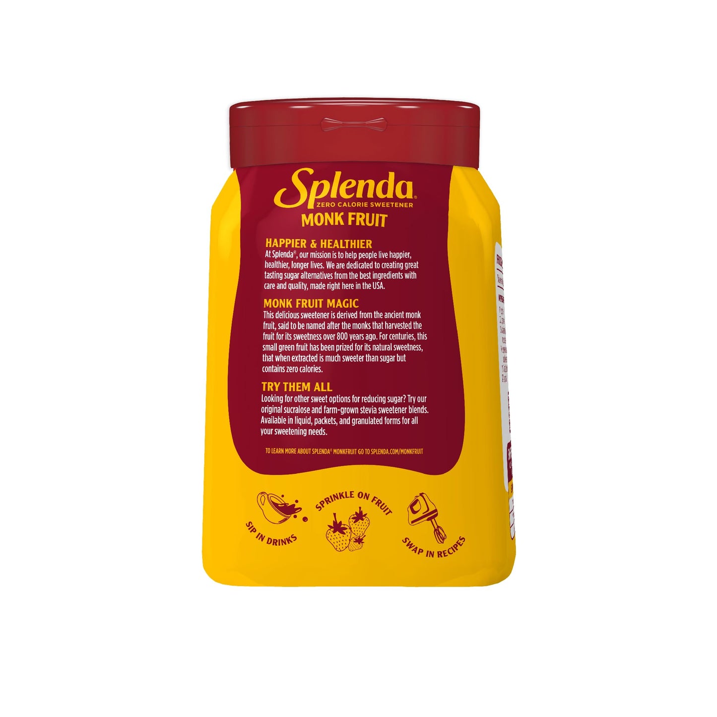 SPLENDA Monk Fruit Zero Calorie Plant Based Granulated Sweetener Jar, 19 oz