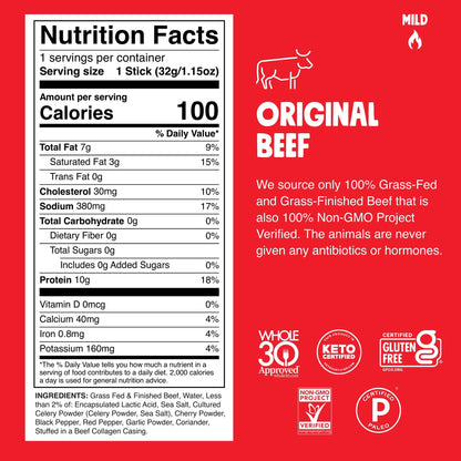 Chomps Grass-Fed and Finished Original Beef Jerky Snack Sticks 10-Pack - Keto, Paleo, Whole30, 10g Lean Meat Protein, Gluten-Free, Zero Sugar Food, Non-GMO