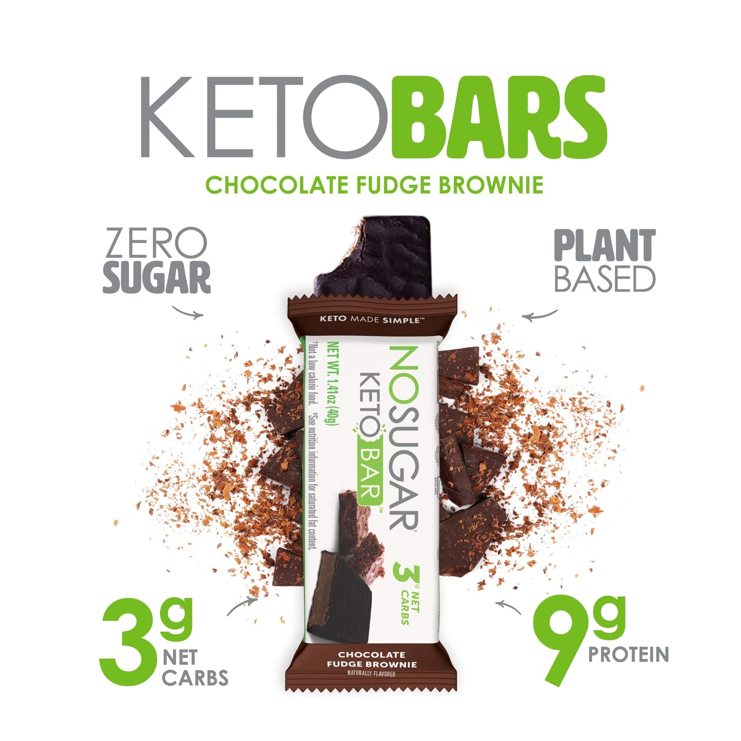 No Sugar Keto Bar Snack, Fudge Brownie, 12 x 1.41oz Bars - Low Carb No Sugar Keto Snack Food with Keto Friendly Macros, 3g Net Carb, 9g Plant Based Protein, 13g Healthy Fat, Sugar Free (0g)