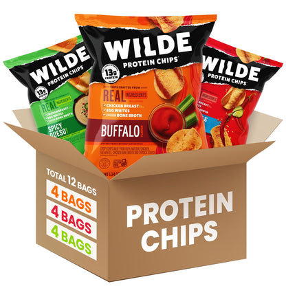 Wilde Protein Chips Spicy Variety Pack, Buffalo, Spicy Queso, Nashville Hot, Gluten Free Keto Chips Made With Real Ingredients, Protein Snacks, Pack of 12