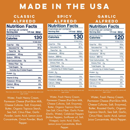 Yo Mama’s Foods Gourmet Keto Alfredo Pasta Sauces Variety Pack | (3) 16 Ounce Glass Bottles | Classic (1), Garlic (1) and Spicy (1) Alfredo Sauce is Low Carb, Paleo, Gluten Free, Low Calorie and is Made with only the Freshest Ingredients!