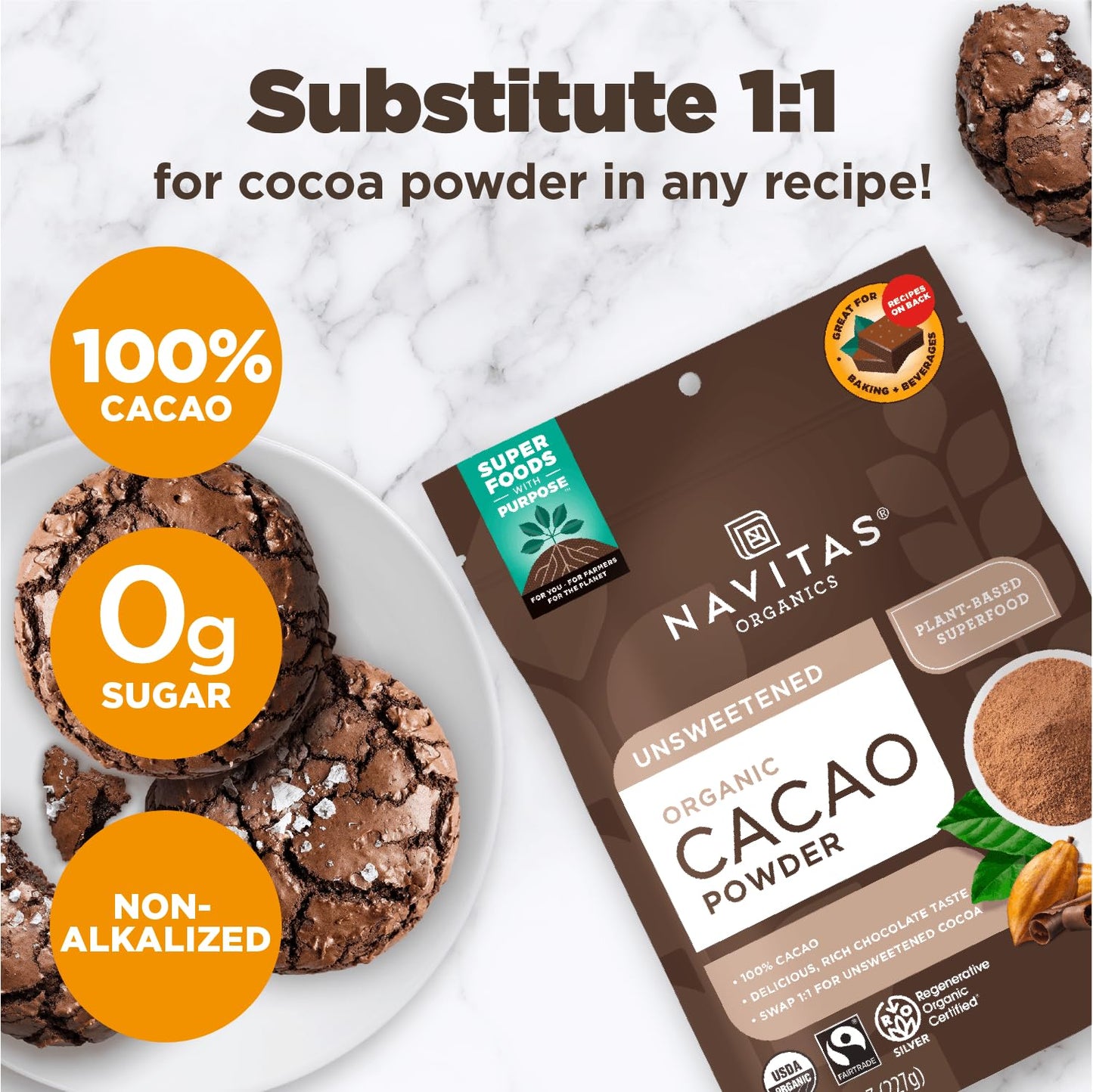 Navitas Organics Cacao Powder, 8oz. Bag, 38 Servings — Regenerative Organic Certified, Non-GMO, Fair Trade, Gluten-Free