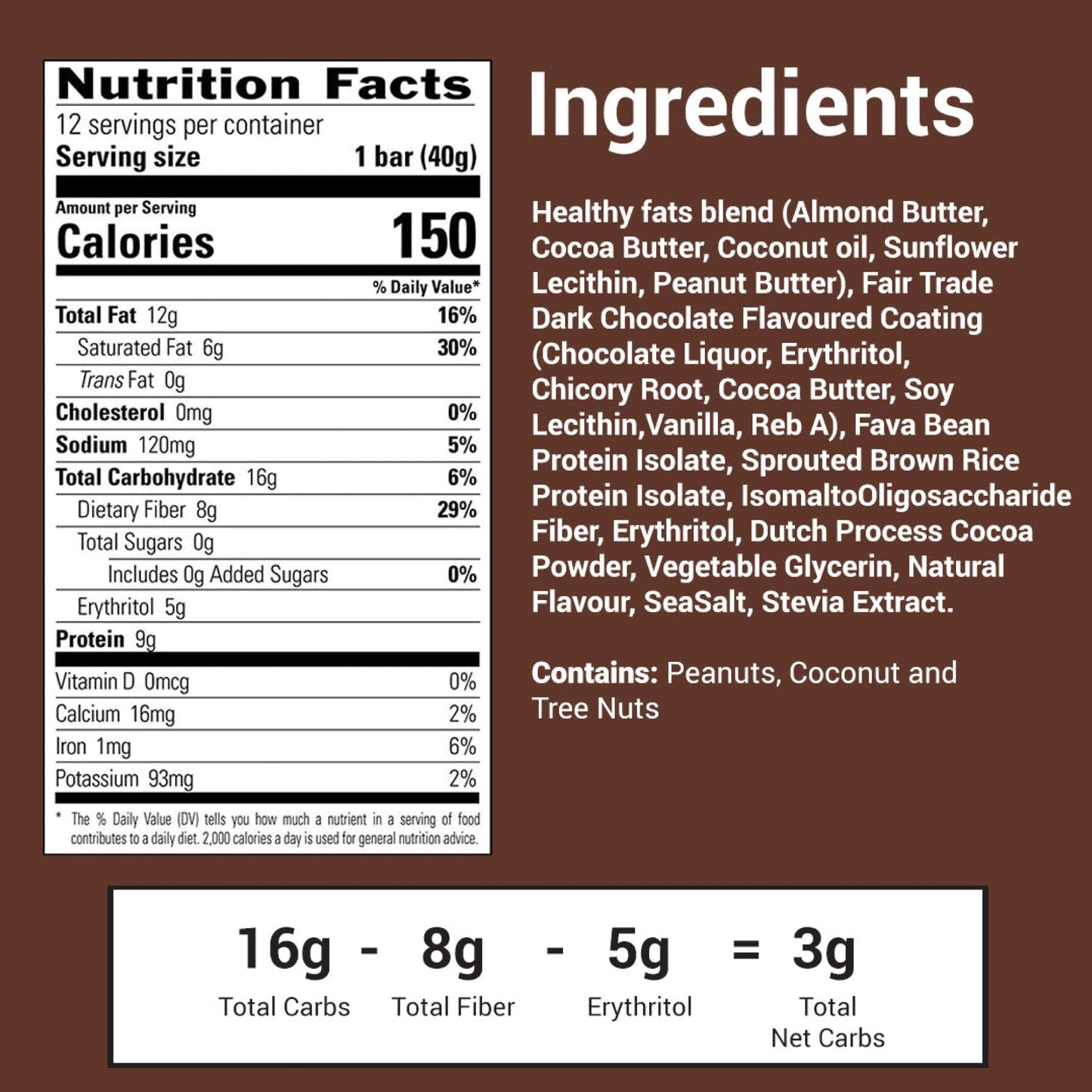 No Sugar Keto Bar Snack, Fudge Brownie, 12 x 1.41oz Bars - Low Carb No Sugar Keto Snack Food with Keto Friendly Macros, 3g Net Carb, 9g Plant Based Protein, 13g Healthy Fat, Sugar Free (0g)